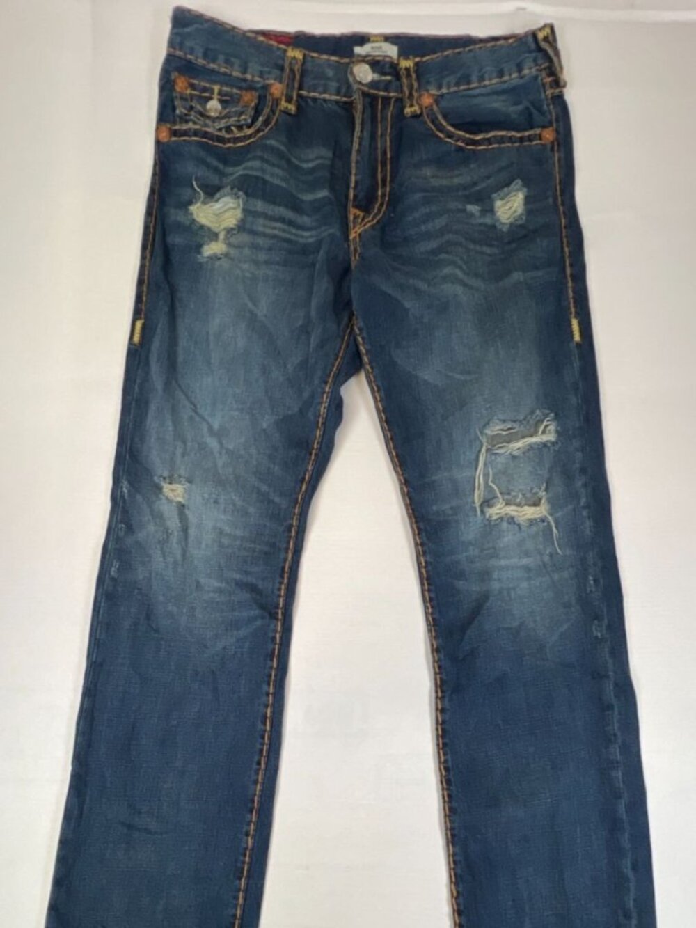 True Religion Mens 34x34 Relaxed Straight Leg Jeans Medium Wash Distressed